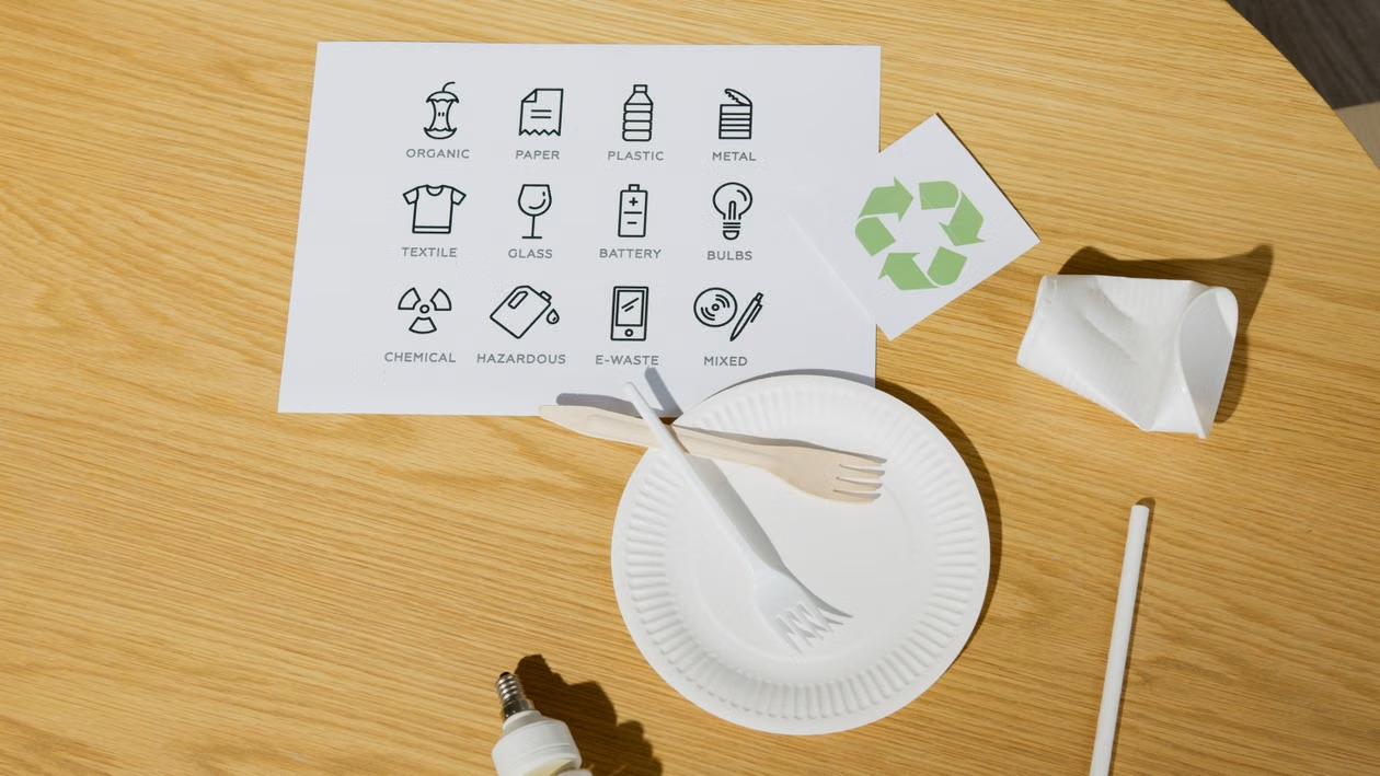 paper-forks-on-paper-plate-near-card-with-recycling-pictographs-6990484
